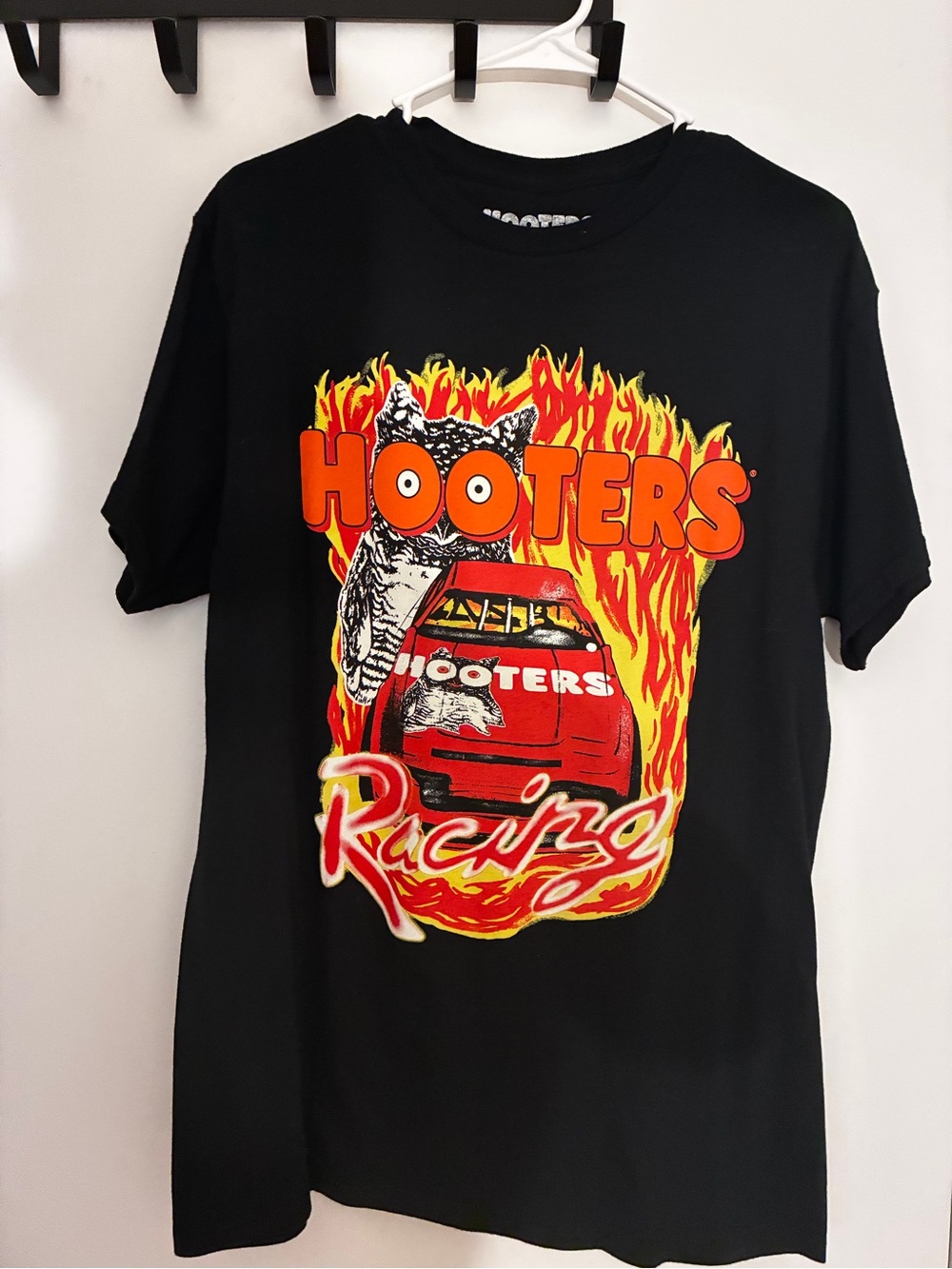 Hooters Black Tee with Red and Yellow Racing Graphic